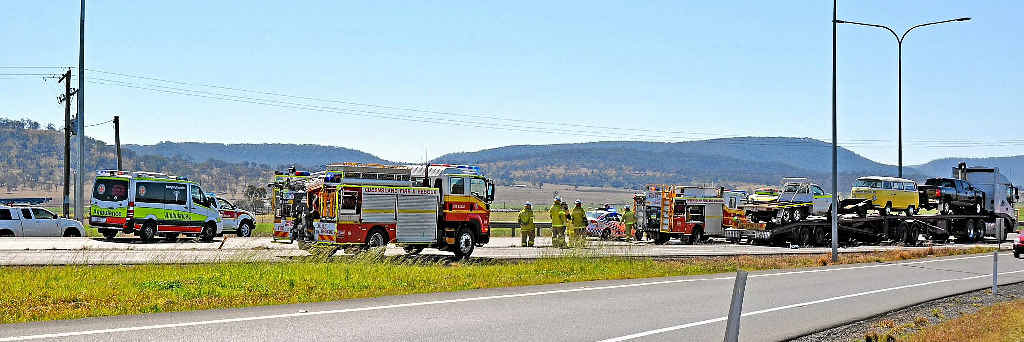 HORROR CRASH: The scene of a double fatality at the notorious Eight Mile intersection just north of Warwick yesterday. HORROR CRASH: The scene of a double fatality at the notorious Eight Mile intersection just north of Warwick yesterday.